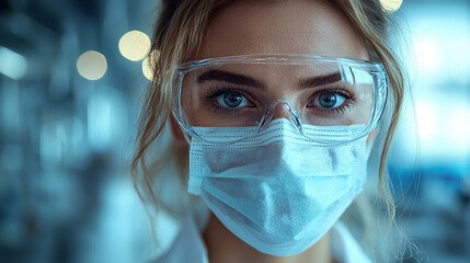 Scientist wearing face mask and protective eyewear, focused and determined in laboratory setting, showcasing dedication to research and safety
