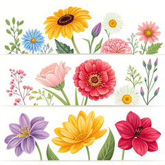 Beautiful Floral Border Design with Colorful Flowers and Green Leaves in a Botanical Illustration

