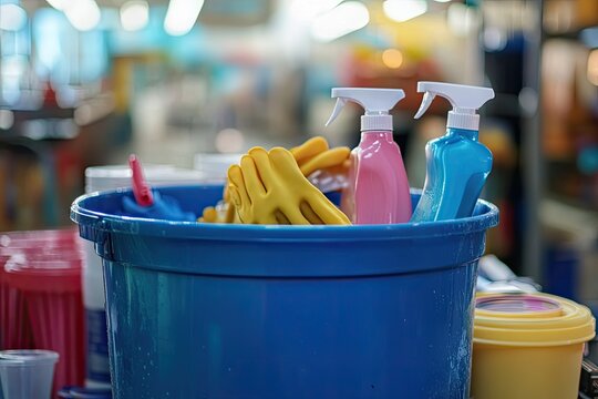 Cleaning supplies in a blue plastic bucket.  Colorful cleaning products and gloves inside