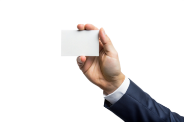 A Man in a Suit Holding a Blank Business Card Against a Black Background
