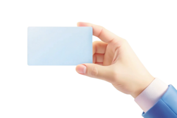 A hand in a blue suit holding a light blue blank business card