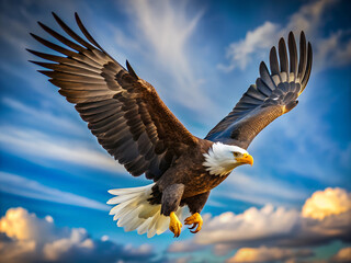 Obraz premium Bald eagle flying in sky. Majestic Flight of the Bald Eagle Over Snowy Peaks