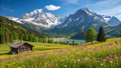 A quaint wooden cabin nestled in a vibrant alpine meadow, surrounded by majestic snow-capped mountains under a brilliant blue sky.