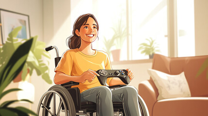 Animated Woman in Wheelchair Joyfully Holding a Video Game Controller Indoors