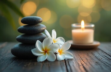 Spa still life composition with stones pyramid, frangipani plumeria flowers and candle. Zen like mood is perfect for wellness presentation, relax, therapy, massage and body care.