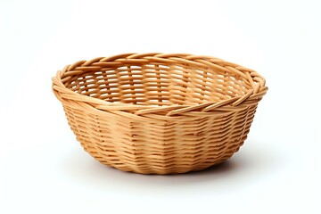 Empty woven wicker basket with round shape isolated on white background. Traditional handcrafted rattan container for bread, fruits or storage.