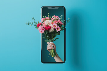 Hand extends bouquet of flowers from smartphone screen. Virtual congratulations or ordering bouquets online