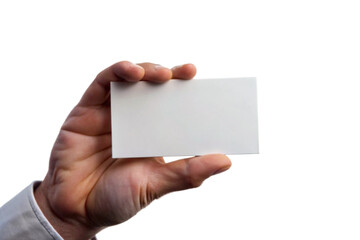 A Man's Hand Holding a Blank White Business Card Against a Black Background
