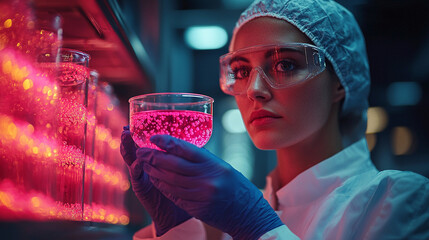 focused medical scientist examines petri dish filled with vibrant pink cell culture in laboratory setting, showcasing dedication and precision