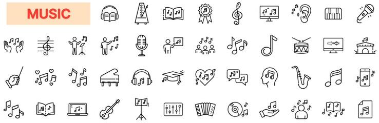 Music Line Icons Sound Notes Instruments Microphone Headphones Orchestra Singing Melody Audio Production Concert Digital Music Education Symbols
