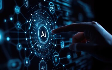 Obraz premium AI technology interface with a hand touching a central AI button
