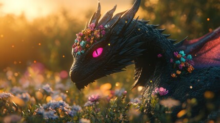 Floral-adorned dragon in sunset meadow