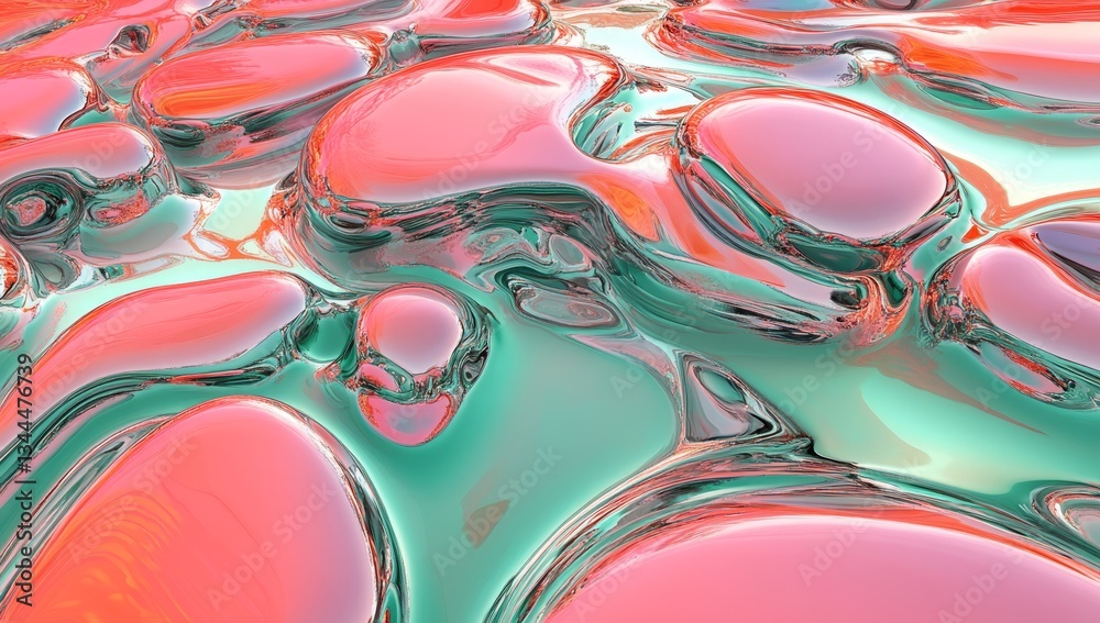 Poster the image is a 3d rendering with colorful chrome on a pink background