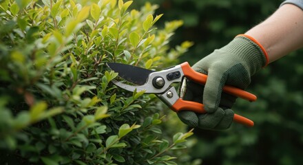 Naklejka premium Close-up of gloved hand trimming green shrubs with pruning shears in garden