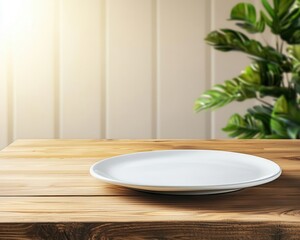 Kitchen table with polished wood finish, elegant setting, natural light, warm background