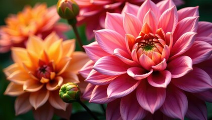 Fototapeta premium Intricate dahlia blooms, vibrant colors, close-up view , colorful, orange, image
