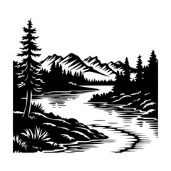 River Scene. Mountain landscape with a flowing river. Tall pine trees frame the scene, while majestic mountains rise in the background. Vector illustration