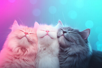 Three affectionate cute fluffy cats portrait in pastel colors and bokeh