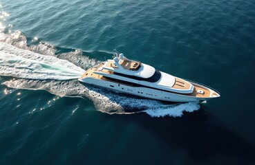 Aerial view of super yacht sailing in blue sea. Luxury motorboat cruise vacation, expensive nautical transport. Rich lifestyle concept, summer holidays at ocean. Sea travel, water leisure, private