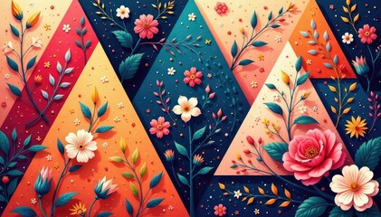 Bold geometric triangles filled with delicate floral motifs , botanical, abstract
