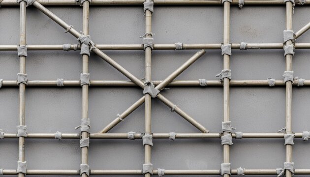 A close-up view of a gray scaffolding structure, featuring intersecting metal pipes secured with gray bindings, showcasing industrial design and construction.