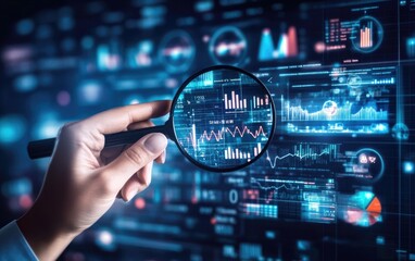 Analyzing financial data through a magnifying glass.  Detailed financial dashboards with charts, graphs, and various metrics are being examined closely