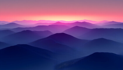 Fototapeta premium Serene sunset over majestic mountain ranges, vibrant purple and pink hues, hazy atmospheric perspective.