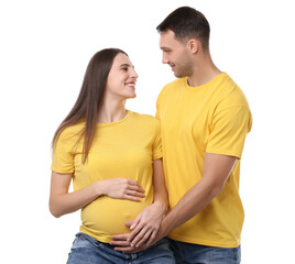 Fototapeta premium Pregnant woman and her husband on white background