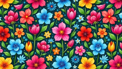 Intricate floral pattern, vibrant blooms, seamless repeat, bright, art