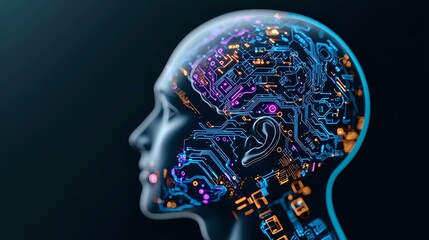 Obraz premium Futuristic human head profile with glowing circuit patterns and digital elements in blue and purple neon colors showing artificial intelligence concept.