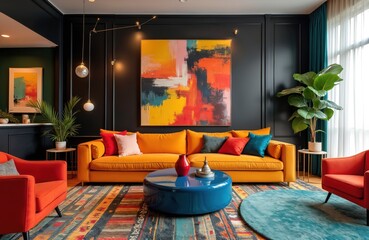 Modern maximalist living room interior with eclectic design. Colorful vibrant room, orange sofa, blue glossy table, red armchair, abstract art, plants, rug, indoor plants, decor. Luxury house, home