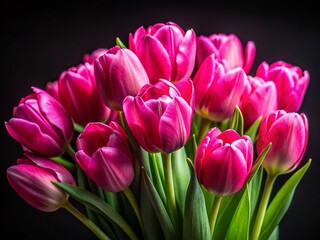 Fototapeta premium Vibrant Pink Tulips Tilt-Shift Photography - Dark Background Floral Macro