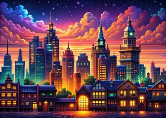 Obraz premium Vibrant Pixel Art Cityscape at Sunset - Low Light Digital Painting