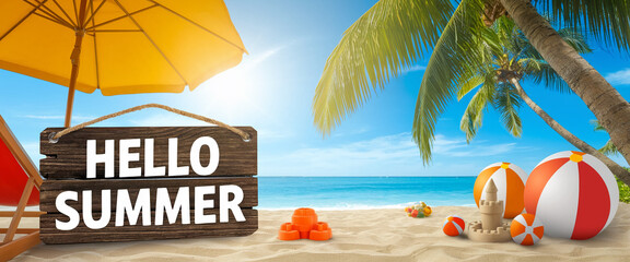 Summer beach scene with yellow umbrella, wooden sign saying "Hello Summer", beach toys, and palm trees, showcasing a cheerful and relaxing vacation concept