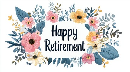 Vibrant Floral Design Featuring Happy Retirement Message in Elegant Script with Beautiful Nature Elements