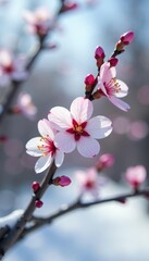 Single cherry blossom branch isolated against bright snowy backdrop, single flower, blossoming