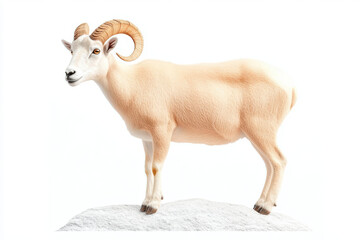 Fototapeta premium Realistic Dall sheep with thick white fur and curved horns standing atop a rocky surface on an isolated white background