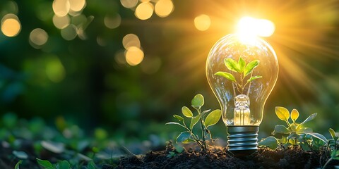 A tiny sprout blossoming inside a lightbulb, symbolizing eco-friendly energy and the bright future of sustainable living, bathed in warm sunlight and a softly blurred natural backdrop.