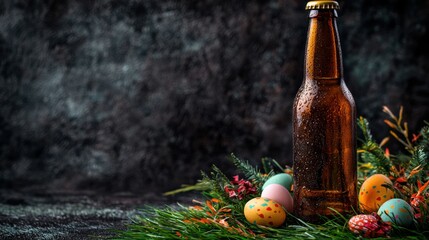 A brown beer bottle surrounded by colorful Easter eggs and greenery against a dark background, evoking a festive spring atmosphere.