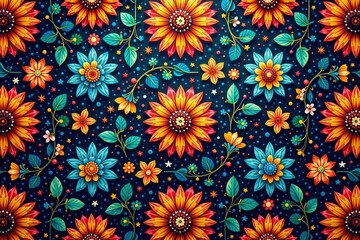 Intricate floral pattern, vibrant colors, repeating design, digital, summer