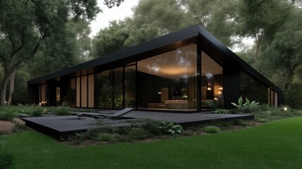 Modern contemporary house nestled in a lush forest setting.  Large windows showcase the interior and surrounding nature.  Dark exterior contrasts with green foliage.  Elevated deck and landscaping