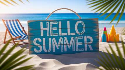 Beach scene with wooden sign saying "Hello Summer", deck chair, and sand toys, evokes feelings of vacation, relaxation, and summer joy