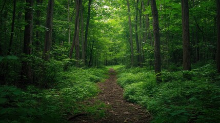 Obraz premium Serene Forest Pathway Surrounded by Lush Greenery and Tall Trees in a Tranquil Natural Environment