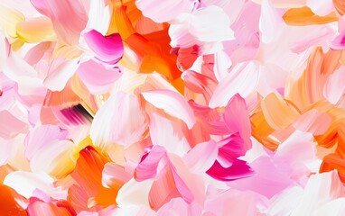 A vibrant abstract pattern of pink, orange, and white brush strokes resembling petals, creating a lively and artistic atmosphere.