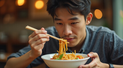 Asian young man eating noodles with chopsticks, selective focus