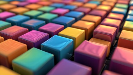 Fototapeta premium Image of multicoloured cubes rendered in 3D with a vibrant rainbow background
