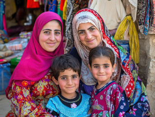 Iraq family - Cultural Pride: Photograph the family dressed in traditional Iraqi attire, such as colorful abayas or dishdashas. Pair this with a backdrop of a local souk, a historic mosque, or traditi