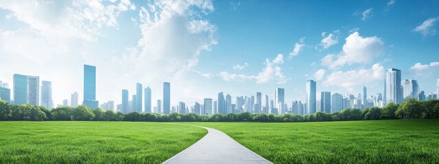 Expansive City Skyline with Lush Green Park under Bright Blue Sky