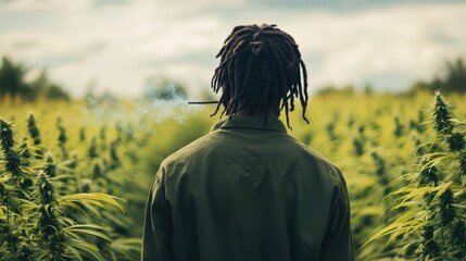 Man smoking in hemp field, rural landscape, harvest