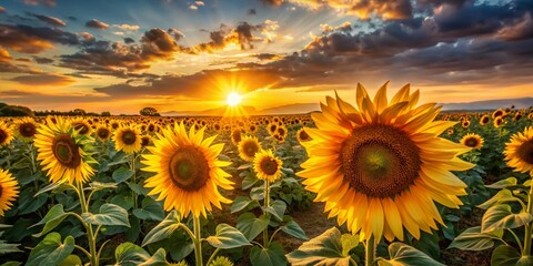 Fototapeta premium Vibrant Sunflowers Field at Sunset - Golden Hour Photography